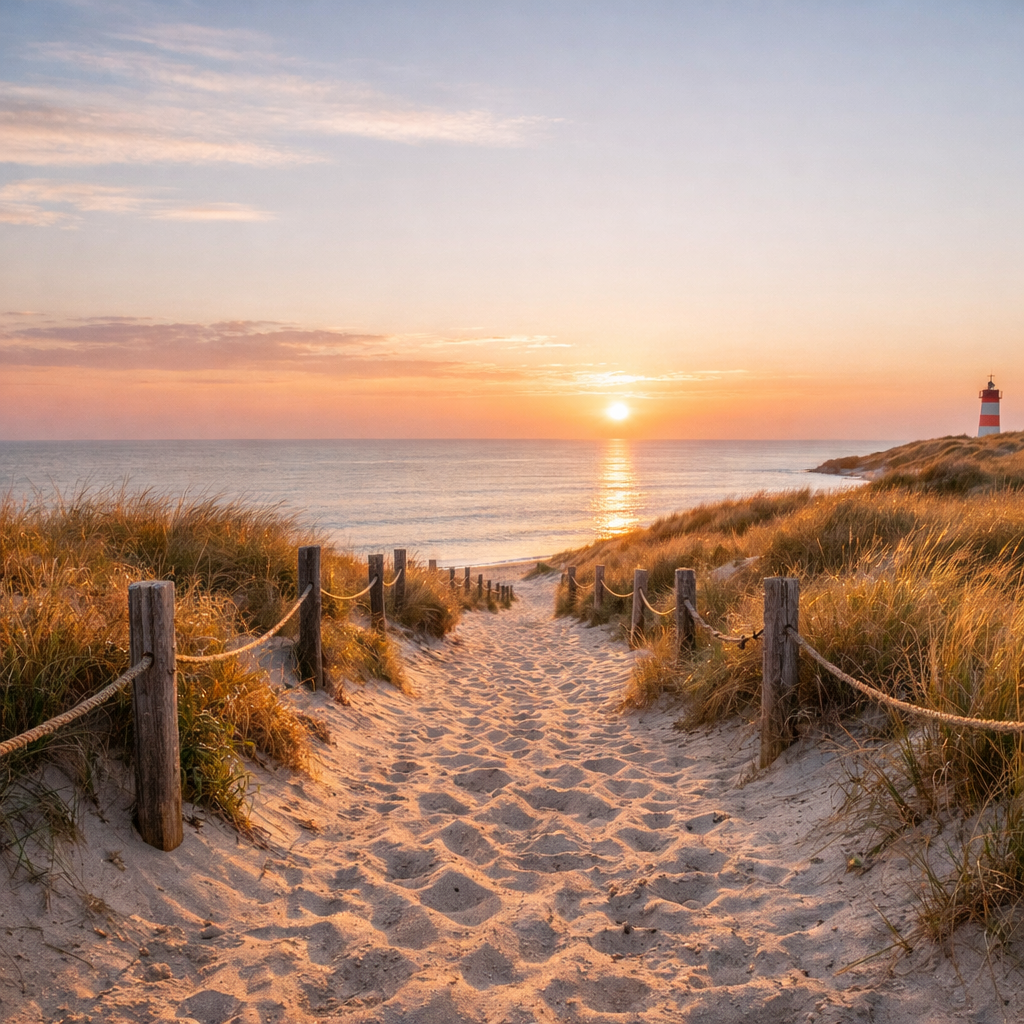 Dünenlandschaft mit Weg zum Nordseestrand bei Sonnenaufgang – Symbol für den Neuanfang in Nordfriesland Dünenlandschaft mit Weg zum Nordseestrand bei Sonnenaufgang – Symbol für den Neuanfang in Nordfriesland