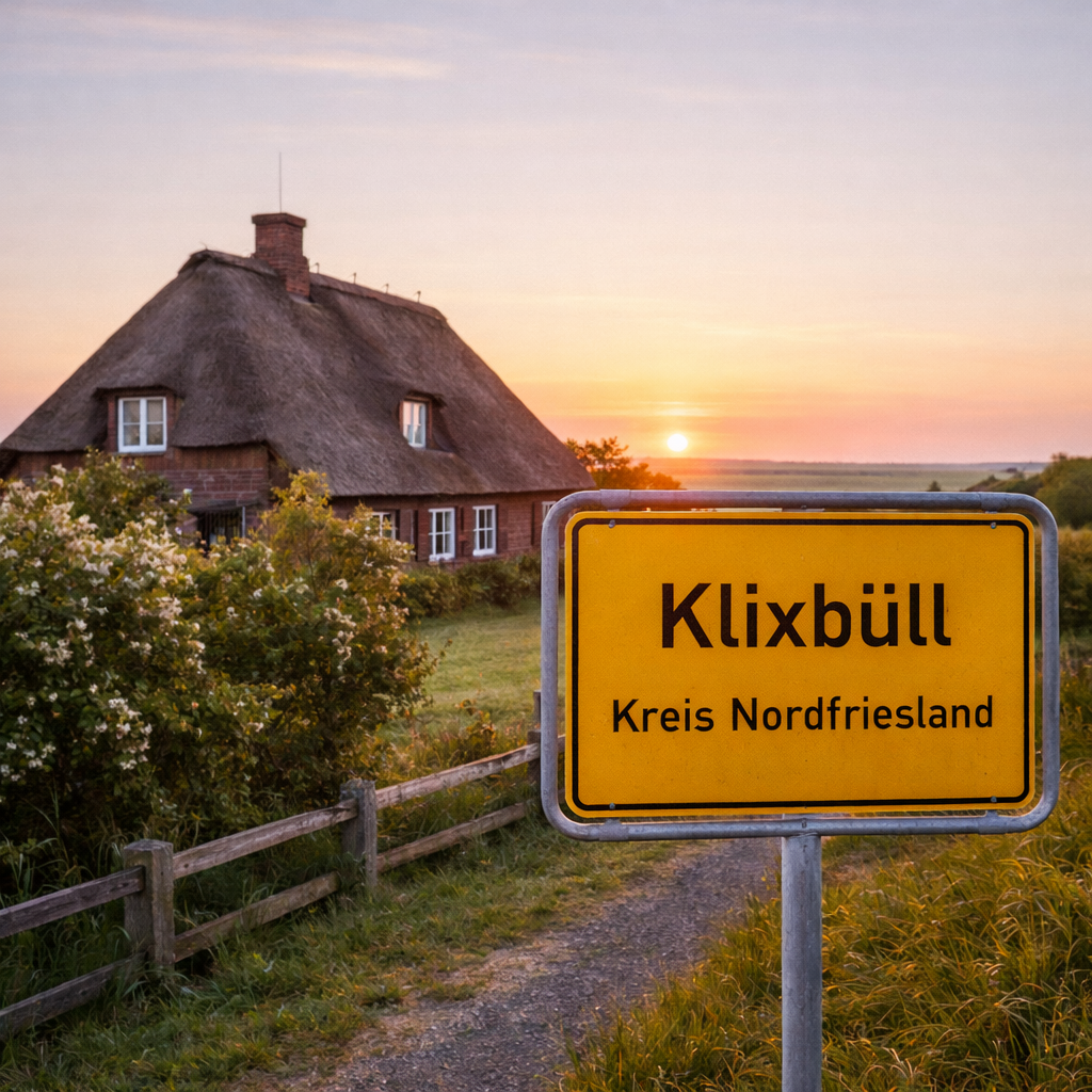 Ortsschild Klixbüll in Nordfriesland mit traditionellem Reetdachhaus im Hintergrund Ortsschild Klixbüll in Nordfriesland mit traditionellem Reetdachhaus im Hintergrund