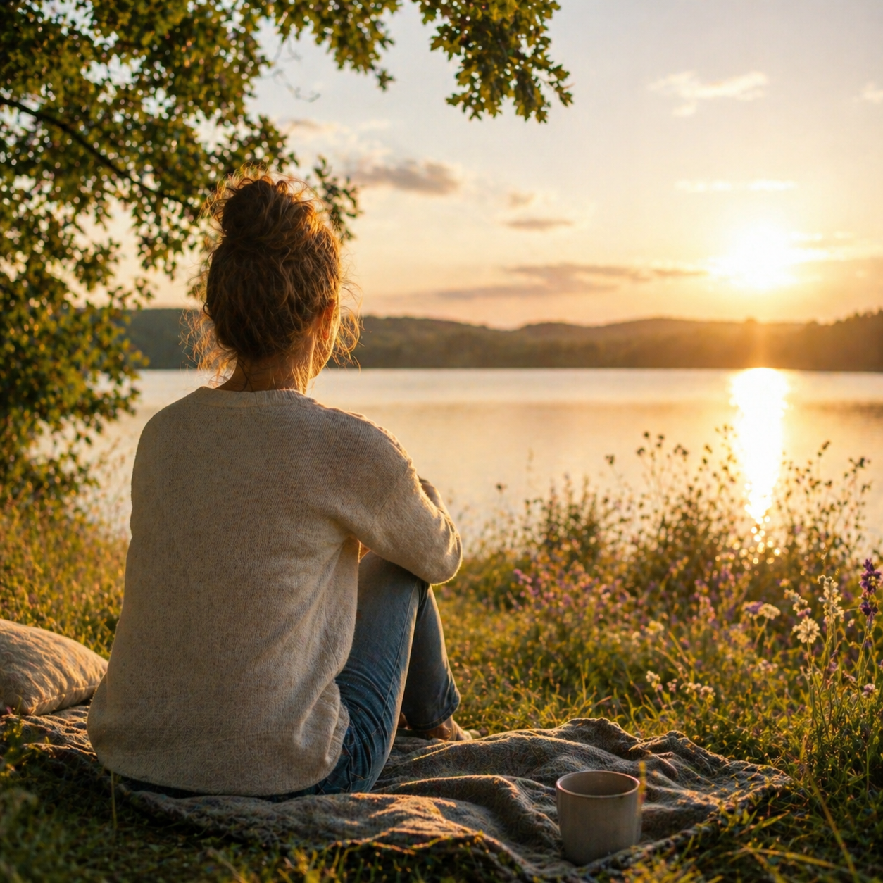 Entspannte Frau am See bei Sonnenuntergang – mehr Energie und weniger Stress durch optimale Versorgung des Körpers Entspannte Frau am See bei Sonnenuntergang – mehr Energie und weniger Stress durch optimale Versorgung des Körpers